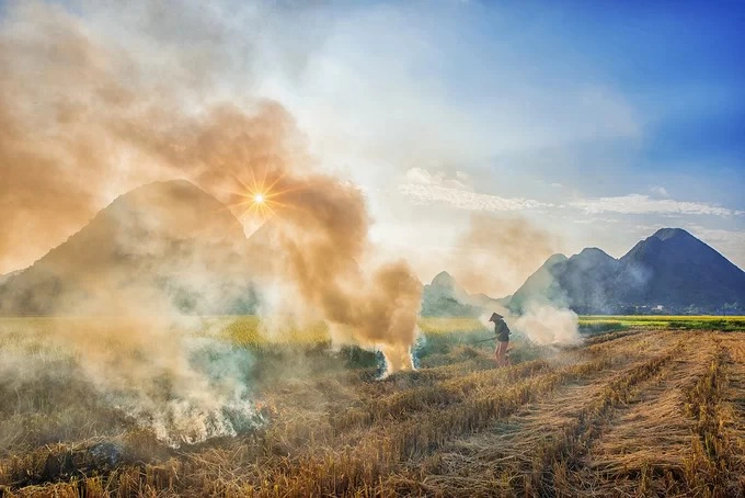 Trời vừa chiều, người dân ra đồng để đốt rơm rạ nhằm dọn sạch mảnh ruộng, chuẩn bị gieo trồng vụ sau. Cứ xuôi theo chiều gió, khói đốt đồng bay cao, du khách có thể dễ dàng ngửi thấy mùi rơm rạ thoang thoảng cả một vùng đồi núi.