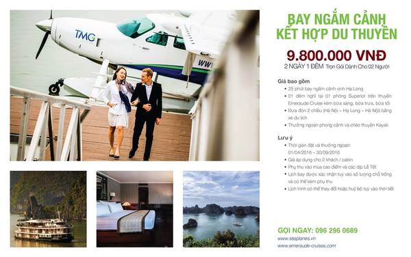 Gói bay ngắm cảnh kết hợp ngủ đêm trên du thuyền 2 ngày 1 đêm dành cho 2 khách với giá 9.800.000 đồng. Gói bay ngắm cảnh kết hợp ngủ đêm trên du thuyền 2 ngày 1 đêm dành cho 2 khách với giá 9.800.000 đồng.