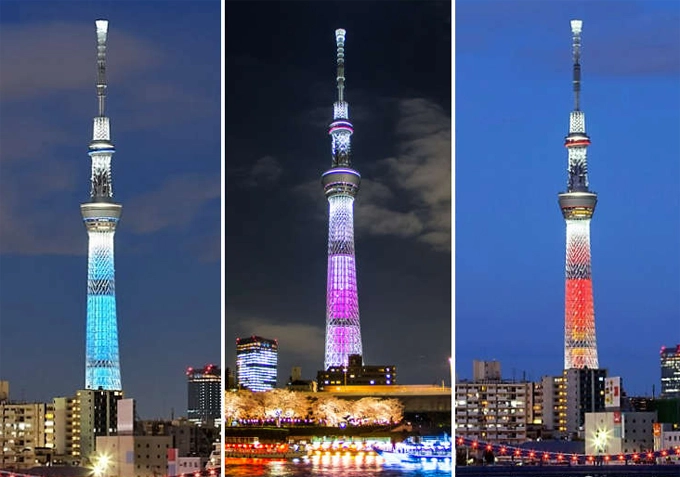 Tháp Tokyo Skytree thay đổi ba màu hằng ngày. Tháp Tokyo Skytree thay đổi ba màu hằng ngày.