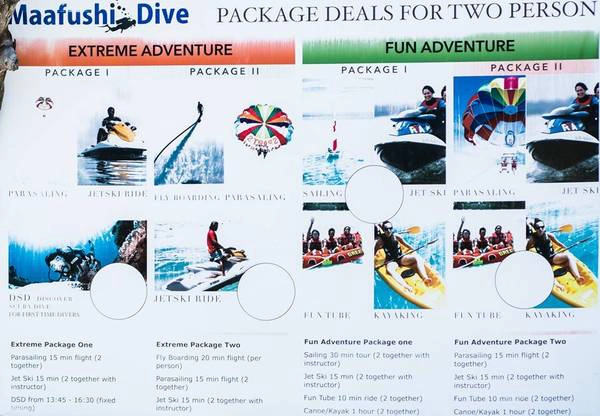 Các gói trò chơi ở Maafushi. Gói Extreme đồng giá 250$/2 người.  Gói Fun đồng giá 175$/2 người. Mua package kiểu này rẻ hơn là bạn chơi lẻ từng trò.