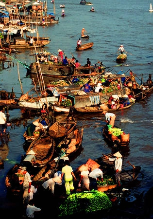 Chợ nổi Cái Răng Cần Thơ nhộn nhịp vào buổi sáng.