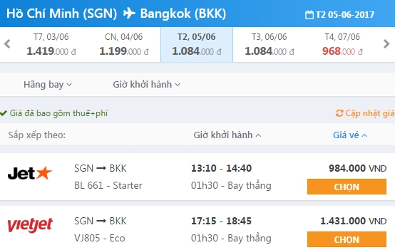 Giá vé máy bay từ Sài Gòn đi Bangkok chỉ 984.000 đồng/ 1 chiều, giá vé đã bao gồm thuế và phí trên iVIVU.com. ve-may-bay-ivivu-1