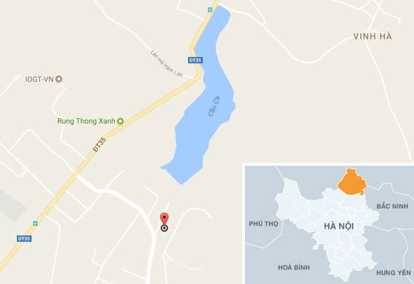 Việt Phủ Thành Chương (chấm đỏ trên ảnh) nằm ở dốc Dây Diều, đập Kèo Cả, Hiền Ninh, Sóc Sơn, Hà Nội.
