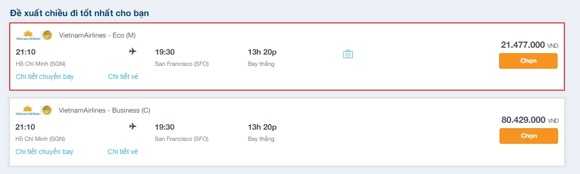 Giá vé tham khảo chặng TP. Hồ Chi Minh đi San Francisco 
