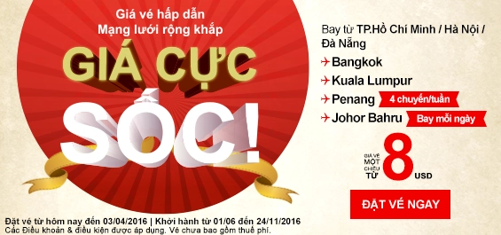 Air Asia tung vé máy bay khuyến mãi giá sốc chỉ từ 8 USD