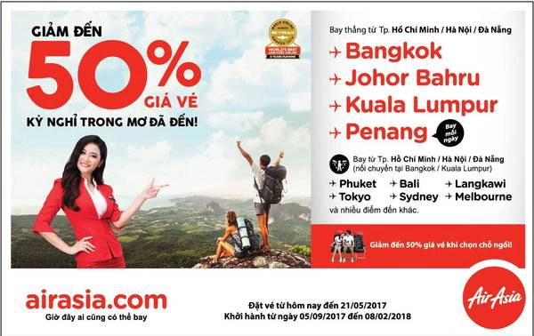 AirAsia giảm 50% giá vé cho nhiều chặng bay đến Bangkok, Kuala Lumpur