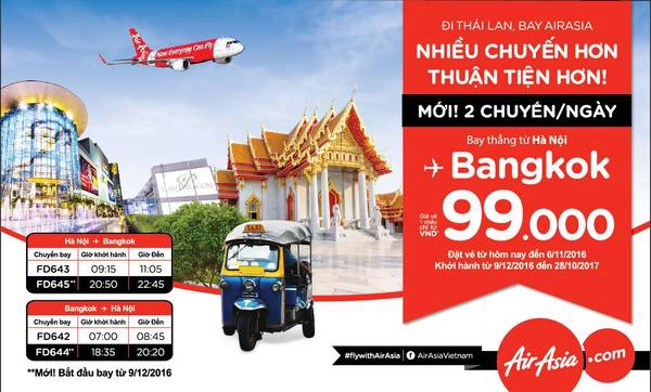 AirAsia tăng tần suất bay từ Hà Nội đi Bangkok lên 2 chuyến/ngày