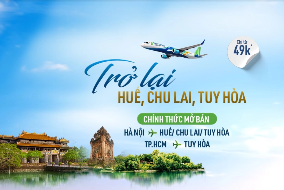 Bamboo Airways mở bán vé chặng Hà Nội - Huế, Chu Lai, Tuy Hòa chỉ từ 49k