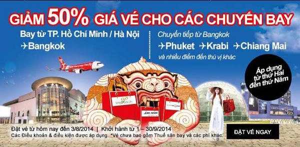 Hãng hàng không Air Asia giảm 50% giá vé các chặng bay Đông Nam Á