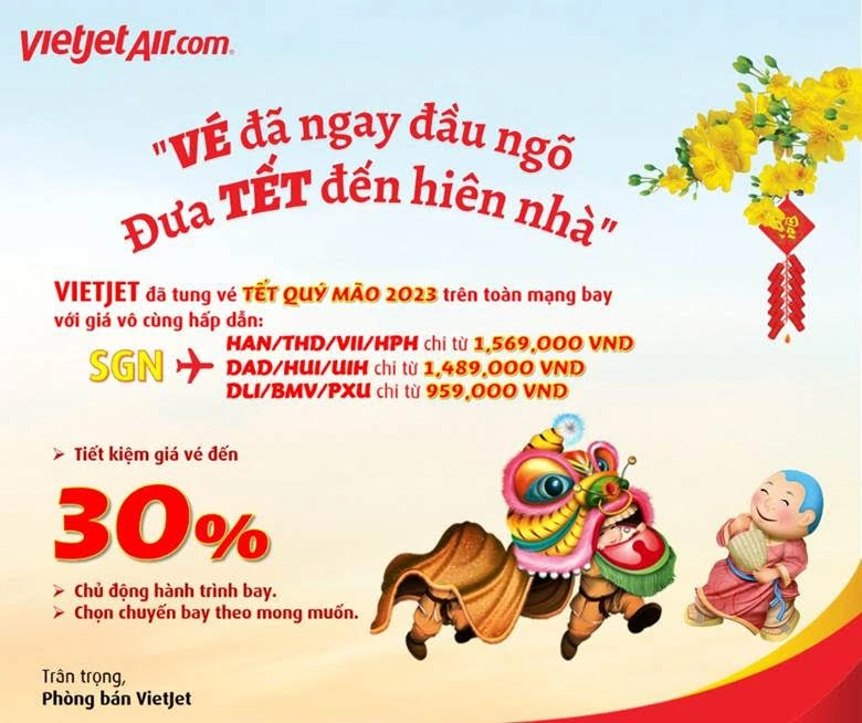 Vietjet Air mở bán vé Tết 2023, giảm giá vé đến 30%